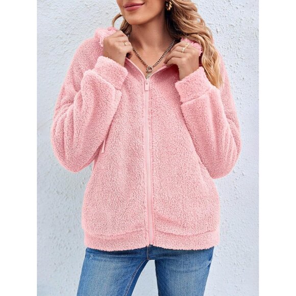 Women's Fuzzy Sherpa Fleece Jacket Zip Up Oversized Winter Warm Hoodie - Picture 3 of 4
